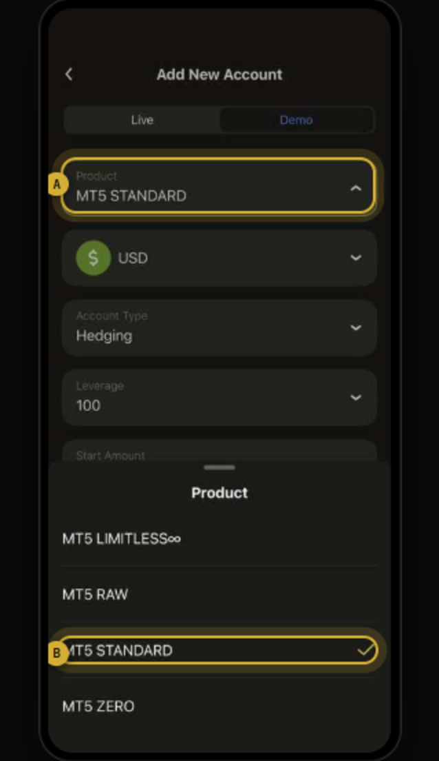Add New Account, product selection