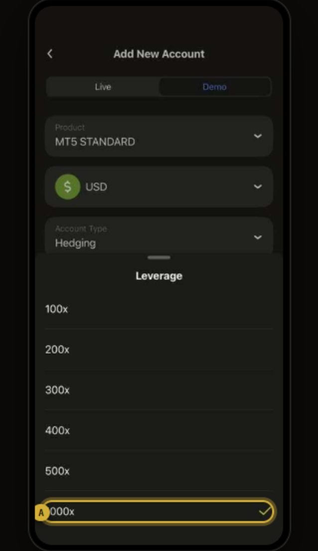 Add New Account, leverage selection