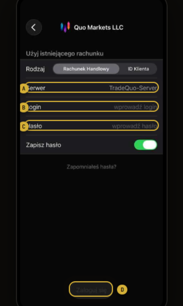 MT5 login form