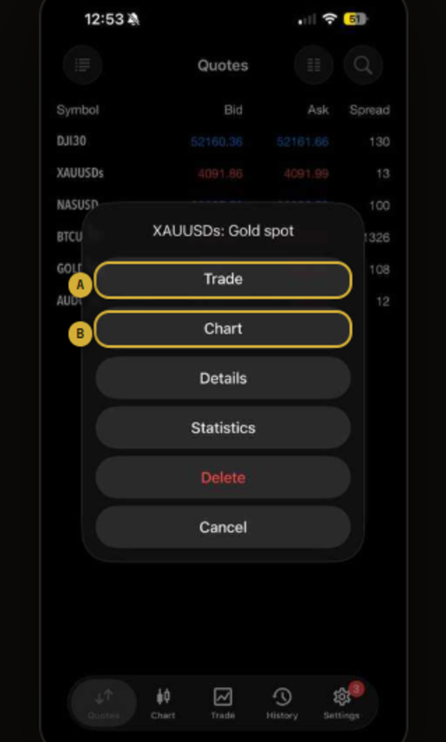 Menu after tapping XAUUSDs