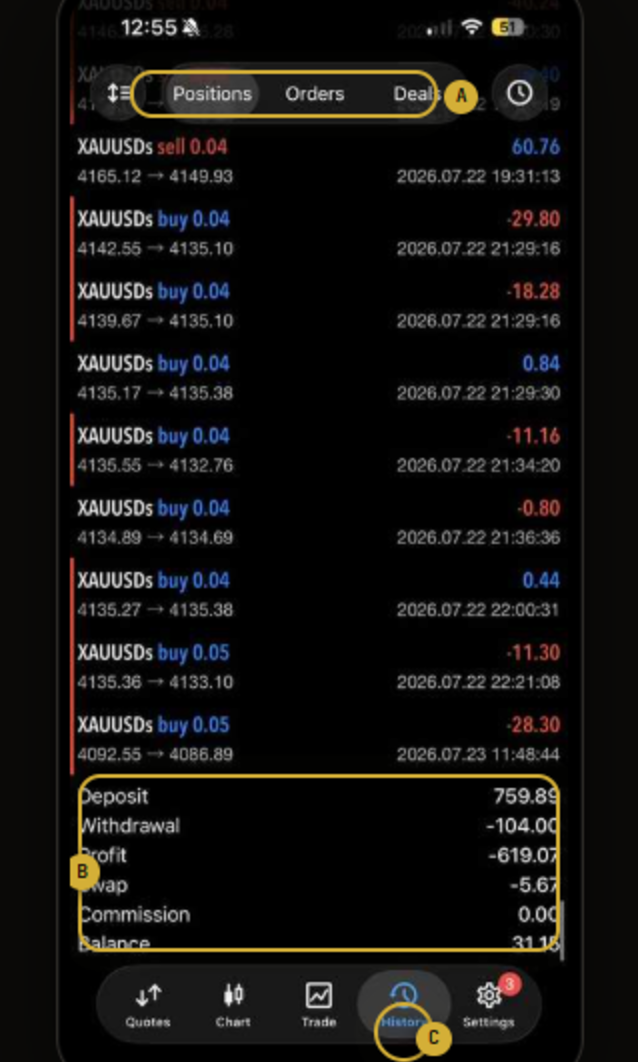 MT5 History tab